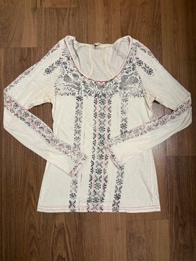 Free People Boho Print Scoop Neck Long Sleeve Tee in Cream, Black, and Red